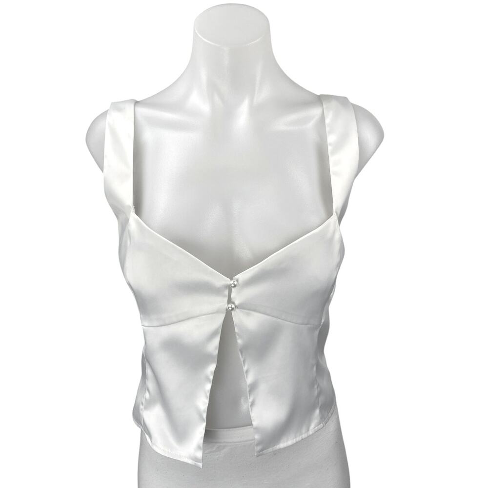 Princess Polly Women's White Silky Satin Sleeveless Cami Button Crop Tank Top 6